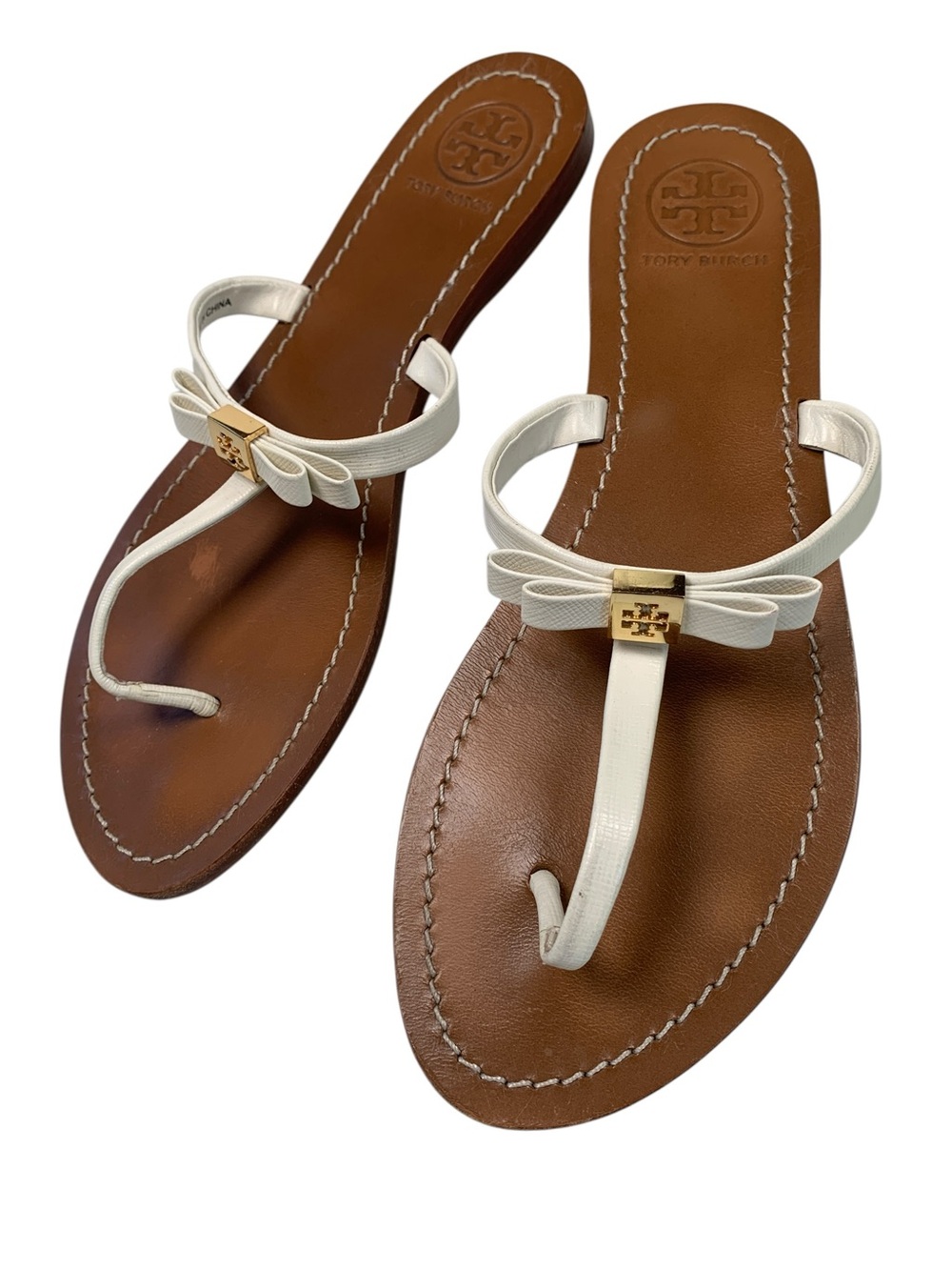Tory Burch Leighanne Ivory Saffiano Leather Bow Thong Flat Sandals 9